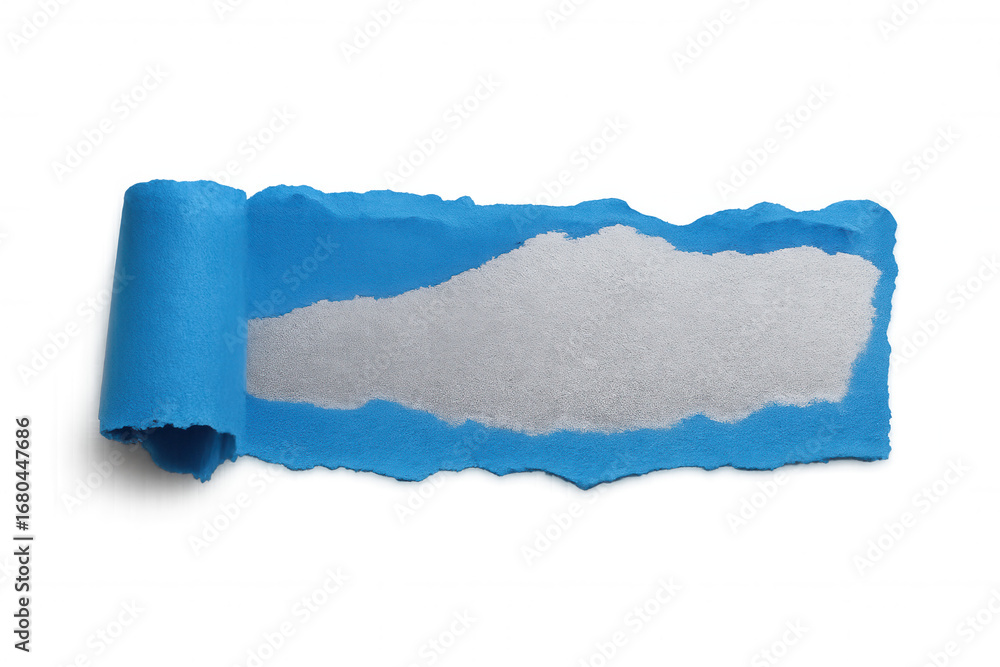 Poster torn blue paper edge revealing textured background, creating minimalist graphic design element with 