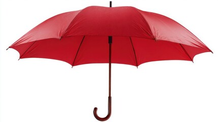 A bright red umbrella is displayed against a simple backdrop, highlighting its iconic shape and sturdy structure designed to protect from rain or sun during outdoor activities