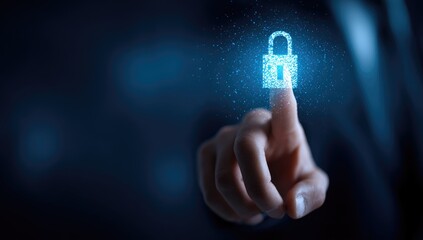 Close-up of a hand touching a digital lock graphic