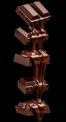 A stack of dark chocolate pieces with melted chocolate syrup dripping down on black