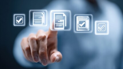 A person is using a touchscreen to select and manage digital documents in a sleek office setting. The interaction highlights the integration of technology in workspace productivity
