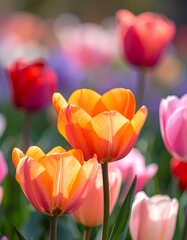 Vibrant tulips in a garden display a spectrum of peach, orange, and pink blossoms, bathed in warm sunlight.