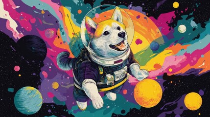 A playful corgi in a spacesuit smiles while drifting through a vibrant galaxy. Colorful planets and a cosmic backdrop create a whimsical, adventurous atmosphere