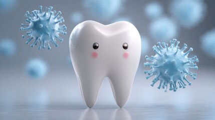 A cartoon tooth with a cheerful expression is surrounded by playful blue germs and bacteria. This whimsical illustration promotes dental hygiene and health awareness among children
