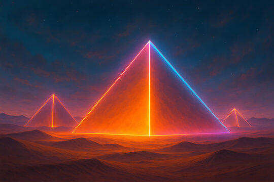 A surreal desert with glowing neon pyramids, pop surrealism fantasy, cinematic dreamy glow.