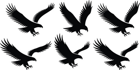 Eagle Silhouettes in Flight and Attack Pose – Bird of Prey Vector Icons for Nature, Wildlife, Power, Freedom Concepts