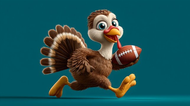 Turkey dressed as a football player runs joyfully, bringing festive spirit for Thanksgiving celebrations - Powered by Adobe