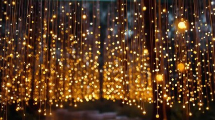 Hanging golden fairy lights creating a warm twinkling bokeh glow - Powered by Adobe