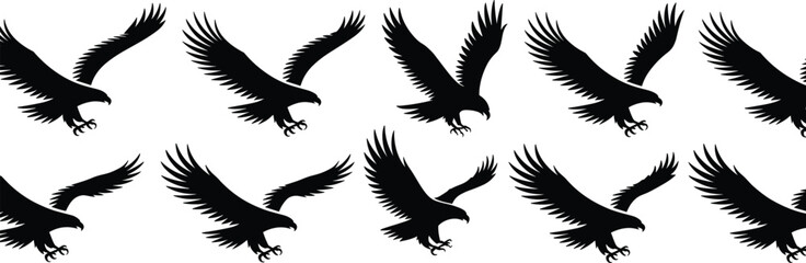 Eagle silhouettes in flight with wings spread and talons extended, black bird shapes on white background, vector-style wild raptor design.