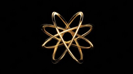 Gold Atomic Model Graphic Design With Intricate Rings on a Black Background Illustrating Modern Scientific Concepts