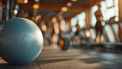 Gym exercise ball foreground, blurred gym members in background