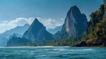 Limestone cliffs tower over turquoise waters in a tropical location. Lush greenery hugs the shore, creating a tranquil atmosphere perfect for relaxation and exploration in nature's paradise