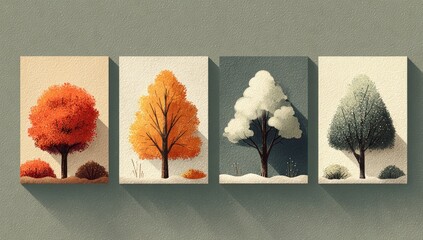 Four framed artworks depict trees in different seasons