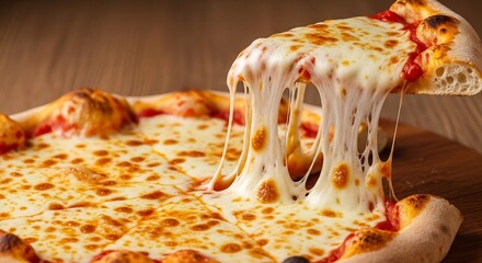 Close up of a delicious cheese pizza with a slice being pulled away