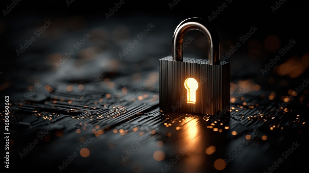 Poster secure key: illuminated padlock, representing data security, protection, and encryption. a concept o
