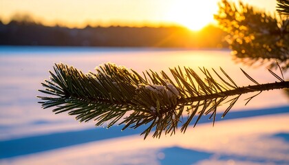 Naklejka premium A close-up of a pine branch covered in snow at sunset over a frozen lake. Golden light bathes the scene