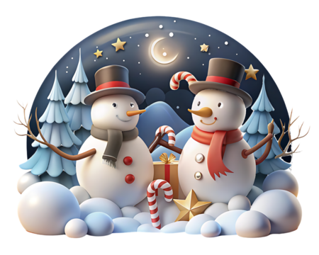 Cheerful Snowmen Couple with Candy Canes and Gift in Snowy Winter Scene snowman christmas isolated on a transparent background