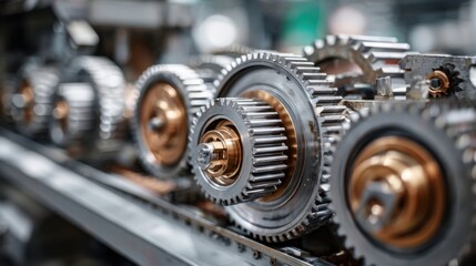 Metal gears and cogs are aligned in a row, showcasing intricate design and craftsmanship. The machinery is operating efficiently in a bright, industrial environment
