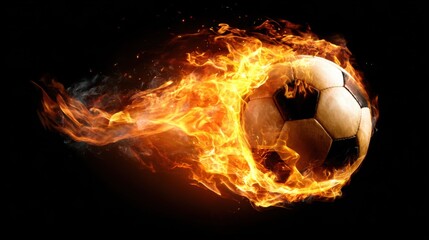 Naklejka premium A soccer ball is seen soaring through the air, enveloped in vibrant flames that accentuate its speed and energy against a dark backdrop. The combination creates a thrilling visual