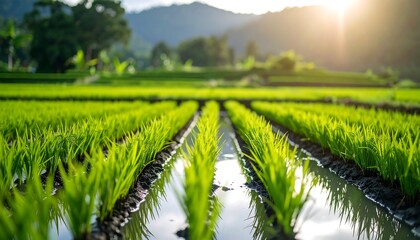 Lush green rice paddy fields reflecting sunlight, stretching towards a sun-drenched mountain range
