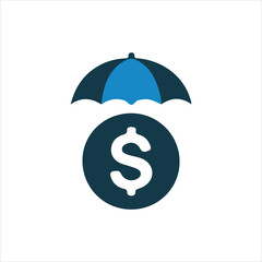 Umbrella protecting dollar coin icon symbolizing financial security and investment protection finance