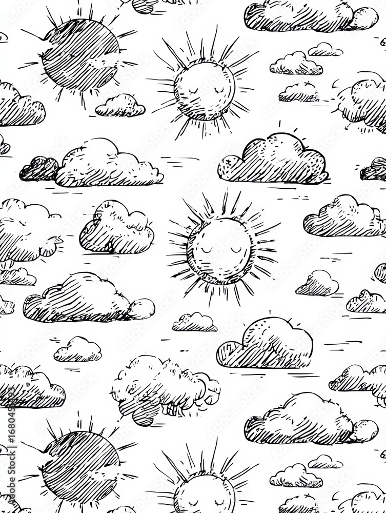 Poster cloudy and sunny patterned sketch with smiling sun and fluffy clouds in a whimsical design