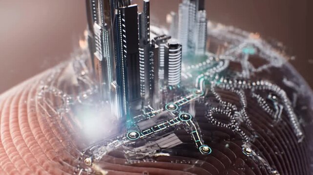 Macro shot of a human fingerprint transforming as microscopic nanites assemble into a futuristic biomechanical cityscape with glowing streets and flying vehicles, expanding in a slow cinematic zoom