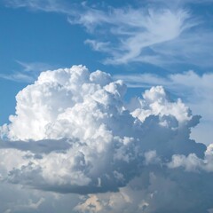 A large cumulus cloud formation dominates the vast, vibrant blue sky, showcasing its fluffy, white structure against the clear sky.