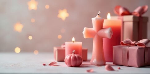 Cross-shaped candle, wrapped gifts, soft light background , green, illustration, xmas