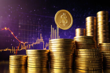 Stacks of gold coins with a floating dollar coin and financial graph background money