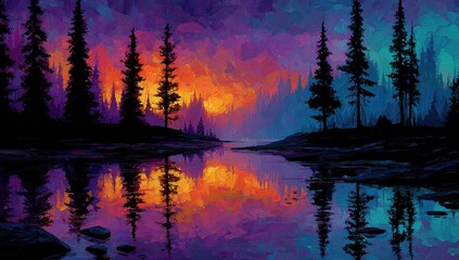 Colorful sunset over a still river, silhouetted trees