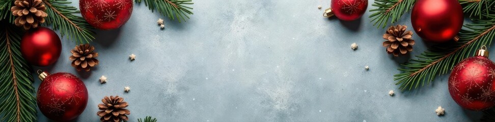 Obraz premium Festive Christmas paper, ornaments, cones & branches Grey linen backdrop Flat lay , template, top view, winter pattern