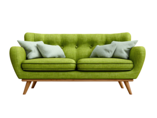 Lime green couch with light gray pillows. Mid-century modern style