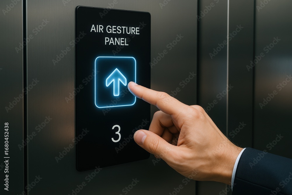 Poster touchless invention concept. air gesture control panel in an elevator with a finger pointing up.