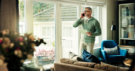 Remote work, phone call and happy man with tablet in home for listening, chat or insurance policy....