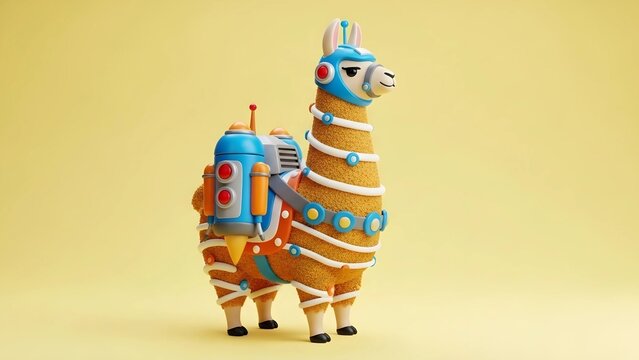 Playful 3D llama alpaca with rocket jetpack and visor helmet, sci-fi character on yellow background, futuristic cartoon mascot for posters, stickers, education, mobile games