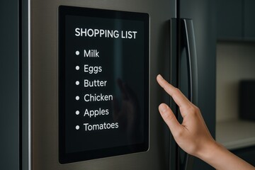 touchless invention concept. Smart fridge displaying a shopping list with a hand reaching for the screen.
