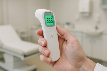 touchless invention concept. Hand holding a digital thermometer displaying temperature reading.
