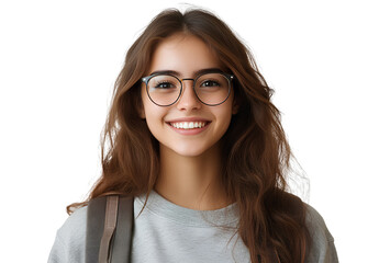 Obraz premium a smiling female student with glasses, wearing a gray sweatshirt and backpack,.a smiling female student with glasses, wearing a gray sweatshirt and backpack, isolated on a transparent png background.