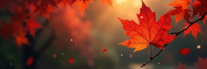 Single maple leaf, blurred red-gold backdrop, rain, light beams, light, space, artistic