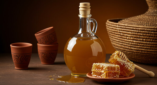 A rounded berele bottle of Ethiopian honey wine (Tej) with golden liquid inside, placed beside honeycomb, clay cups, and woven basket backdrop. Warm cultural still-life composition.