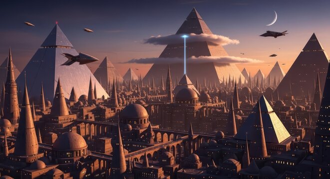 Futuristic Metropolis with Pyramids, Flying Vehicles, and a Crescent Moon at Dusk - Powered by Adobe