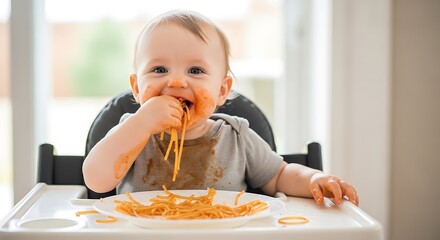 Cute baby enjoying spaghetti lunch sitting in a high chair with a messy face and hands eating noodles with tomato sauce in a bright indoor setting