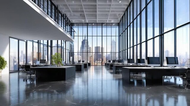 Spacious modern office with floor-to-ceiling glass walls overlooking a city skyline, rows of desks and computer workstations.
