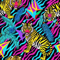 “Seamless Maximalist 90s Neon Tiger and Zebra Animal Print Vector Pattern”