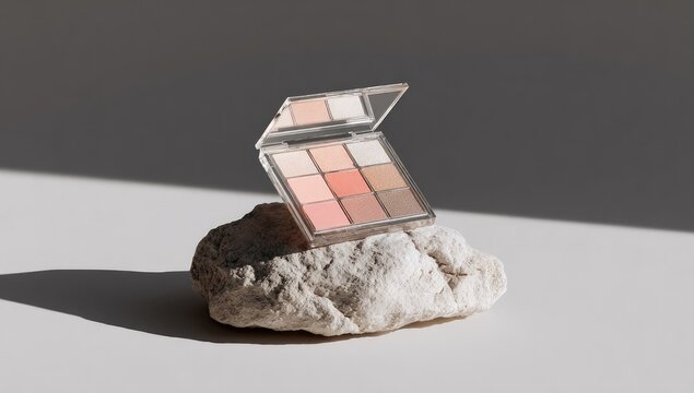 Cosmetic eyeshadow palette on a stone