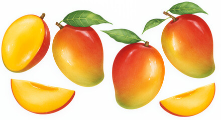 Fresh Ripe Mangoes with Green Leaves and Mango Slices on White Background