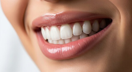 Obraz premium Close up of perfect white teeth and healthy smile with glossy lips, dental health and beauty care concept, bright smile macro photography for oral hygiene and aesthetic dentistry advertising