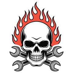 Hot rod skull with crossed wrenches emblem for edgy designs, perfect for vintage automotive or rebellious spirit themes