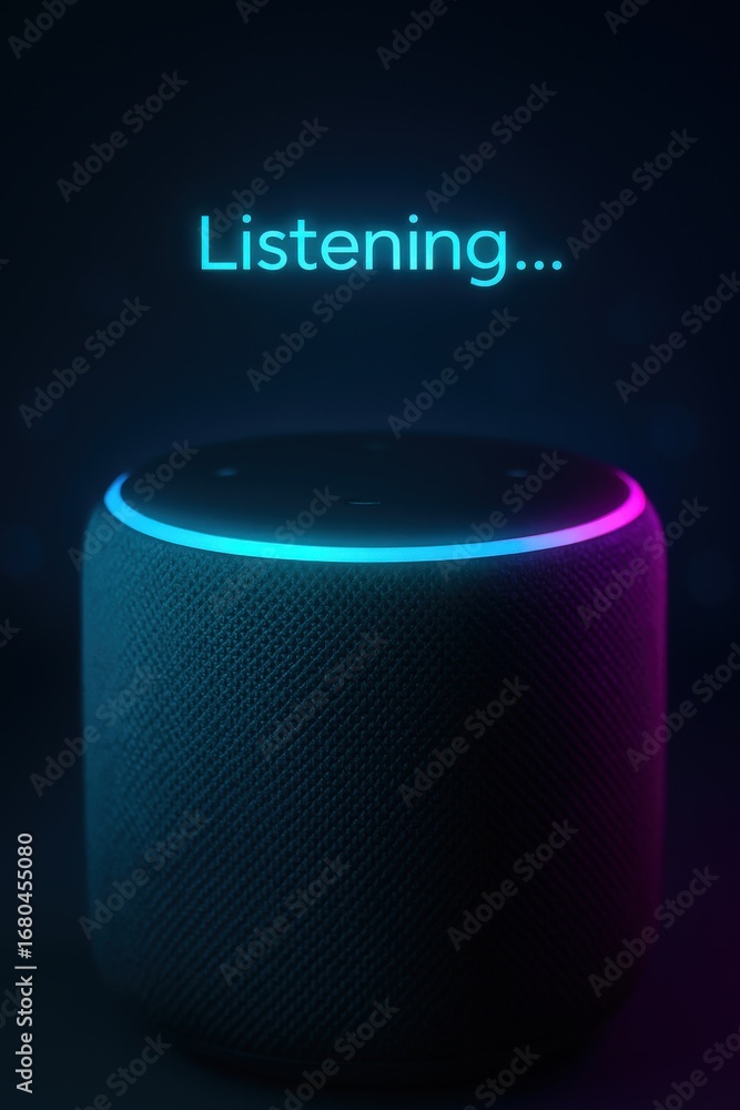 Poster touchless invention concept. smart speaker with glowing interface indicating it's listening.